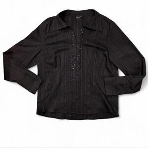 Grunge whimsigoth black pinstripe beaded collared top womens size Large